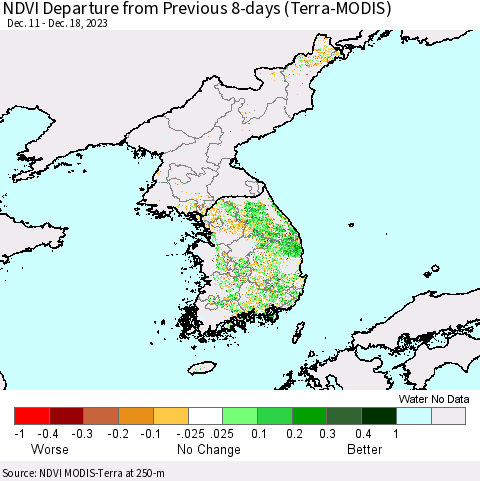 Korea NDVI Departure from Previous 8-days (Terra-MODIS) Thematic Map For 12/11/2023 - 12/18/2023