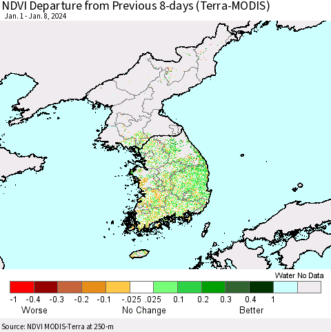 Korea NDVI Departure from Previous 8-days (Terra-MODIS) Thematic Map For 1/1/2024 - 1/8/2024