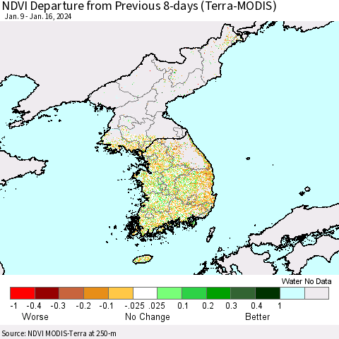 Korea NDVI Departure from Previous 8-days (Terra-MODIS) Thematic Map For 1/9/2024 - 1/16/2024