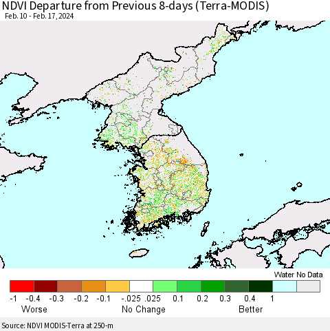 Korea NDVI Departure from Previous 8-days (Terra-MODIS) Thematic Map For 2/10/2024 - 2/17/2024