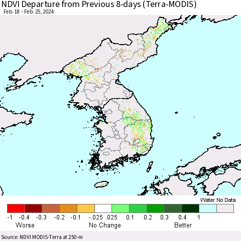 Korea NDVI Departure from Previous 8-days (Terra-MODIS) Thematic Map For 2/18/2024 - 2/25/2024