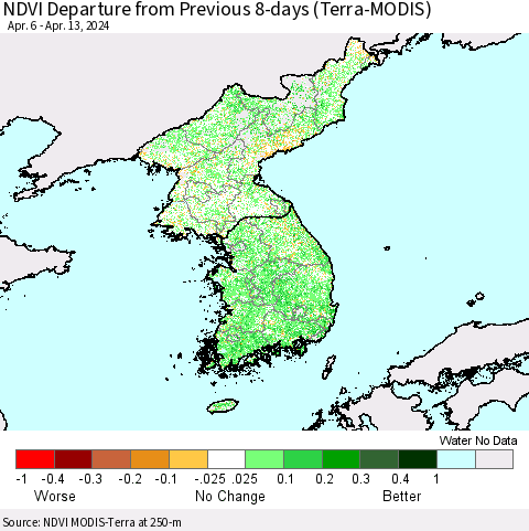 Korea NDVI Departure from Previous 8-days (Terra-MODIS) Thematic Map For 4/6/2024 - 4/13/2024