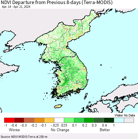 Korea NDVI Departure from Previous 8-days (Terra-MODIS) Thematic Map For 4/14/2024 - 4/21/2024