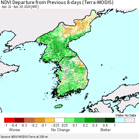 Korea NDVI Departure from Previous 8-days (Terra-MODIS) Thematic Map For 4/22/2024 - 4/29/2024