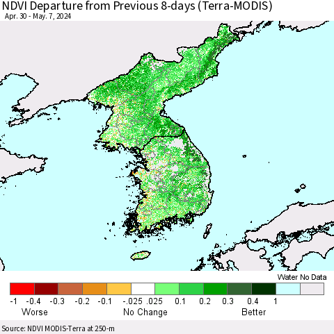 Korea NDVI Departure from Previous 8-days (Terra-MODIS) Thematic Map For 4/30/2024 - 5/7/2024