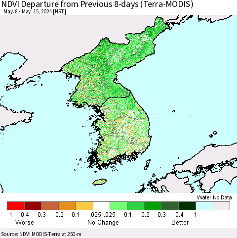 Korea NDVI Departure from Previous 8-days (Terra-MODIS) Thematic Map For 5/8/2024 - 5/15/2024