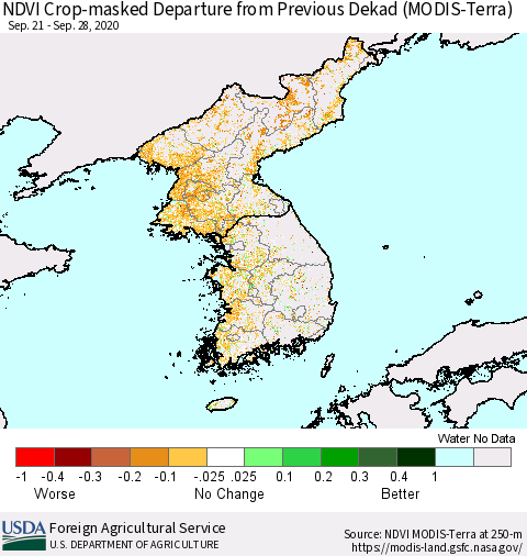 Korea Cropland NDVI Departure from Previous Dekad (Terra-MODIS) Thematic Map For 9/21/2020 - 9/30/2020