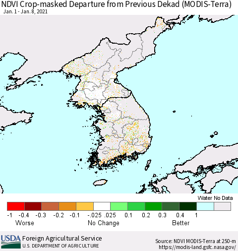 Korea Cropland NDVI Departure from Previous Dekad (Terra-MODIS) Thematic Map For 1/1/2021 - 1/10/2021