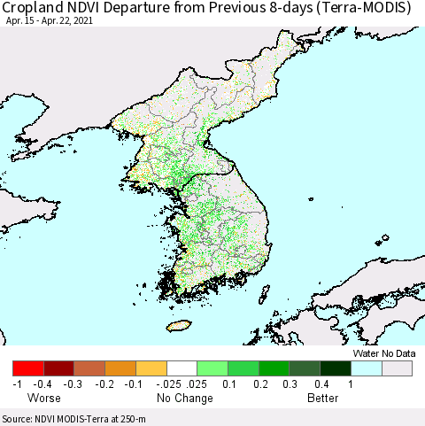 Korea Cropland NDVI Departure from Previous 8-days (Terra-MODIS) Thematic Map For 4/15/2021 - 4/22/2021