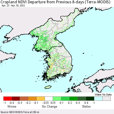 Korea Cropland NDVI Departure from Previous Dekad (Terra-MODIS) Thematic Map For 4/21/2021 - 4/30/2021