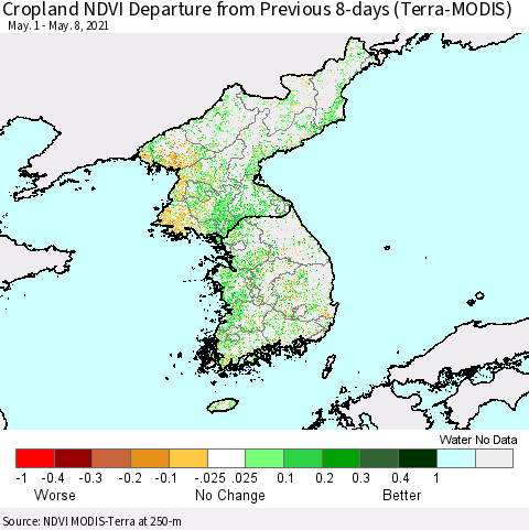 Korea Cropland NDVI Departure from Previous 8-days (Terra-MODIS) Thematic Map For 5/1/2021 - 5/8/2021
