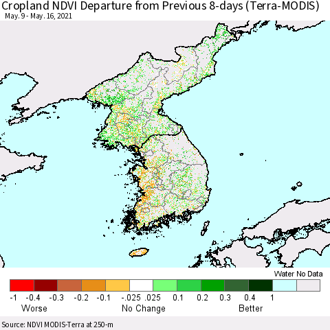 Korea Cropland NDVI Departure from Previous 8-days (Terra-MODIS) Thematic Map For 5/9/2021 - 5/16/2021