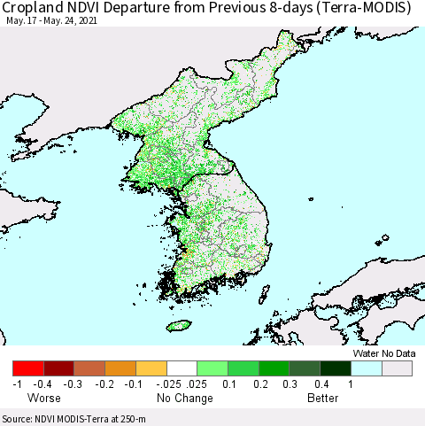 Korea Cropland NDVI Departure from Previous 8-days (Terra-MODIS) Thematic Map For 5/17/2021 - 5/24/2021