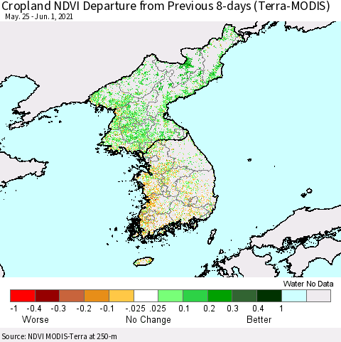 Korea Cropland NDVI Departure from Previous 8-days (Terra-MODIS) Thematic Map For 5/25/2021 - 6/1/2021