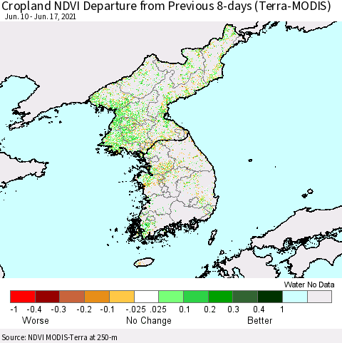 Korea Cropland NDVI Departure from Previous 8-days (Terra-MODIS) Thematic Map For 6/10/2021 - 6/17/2021