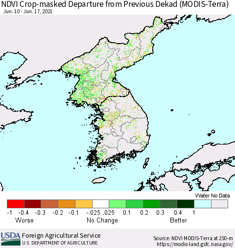 Korea Cropland NDVI Departure from Previous Dekad (Terra-MODIS) Thematic Map For 6/11/2021 - 6/20/2021
