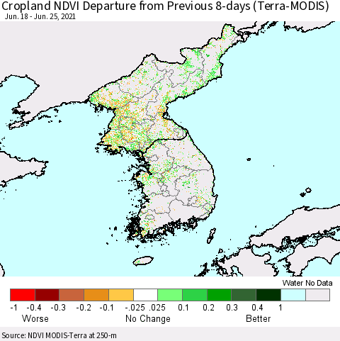 Korea Cropland NDVI Departure from Previous 8-days (Terra-MODIS) Thematic Map For 6/18/2021 - 6/25/2021