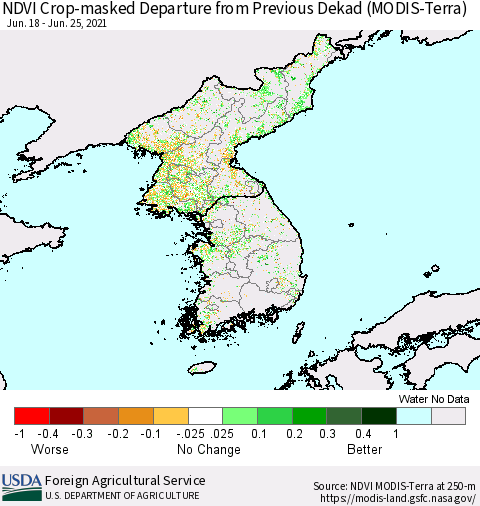 Korea Cropland NDVI Departure from Previous Dekad (Terra-MODIS) Thematic Map For 6/21/2021 - 6/30/2021