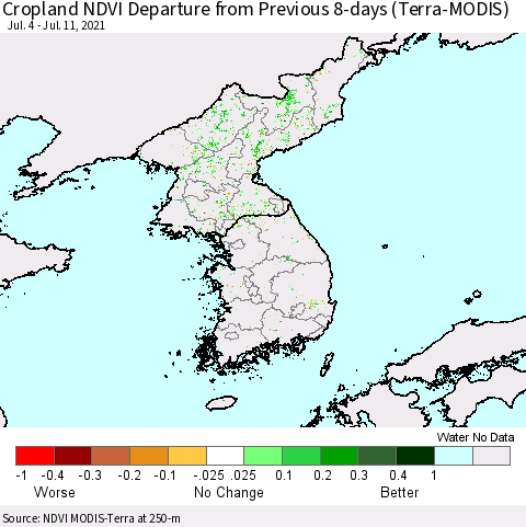 Korea Cropland NDVI Departure from Previous 8-days (Terra-MODIS) Thematic Map For 7/4/2021 - 7/11/2021