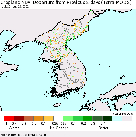 Korea Cropland NDVI Departure from Previous 8-days (Terra-MODIS) Thematic Map For 7/12/2021 - 7/19/2021
