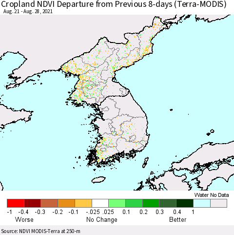 Korea Cropland NDVI Departure from Previous 8-days (Terra-MODIS) Thematic Map For 8/21/2021 - 8/28/2021