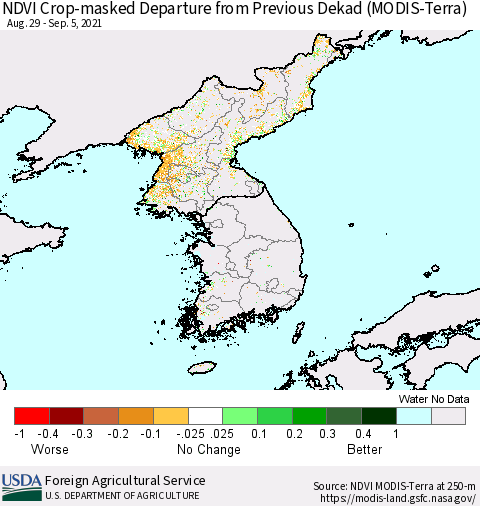 Korea Cropland NDVI Departure from Previous Dekad (Terra-MODIS) Thematic Map For 9/1/2021 - 9/10/2021