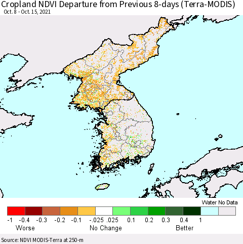 Korea Cropland NDVI Departure from Previous 8-days (Terra-MODIS) Thematic Map For 10/8/2021 - 10/15/2021