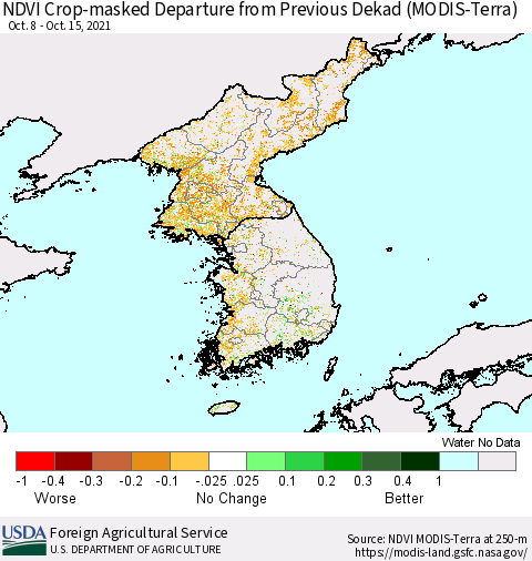 Korea Cropland NDVI Departure from Previous Dekad (Terra-MODIS) Thematic Map For 10/11/2021 - 10/20/2021