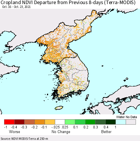 Korea Cropland NDVI Departure from Previous 8-days (Terra-MODIS) Thematic Map For 10/16/2021 - 10/23/2021