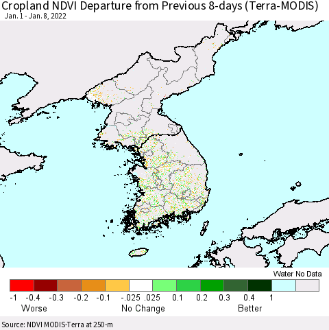 Korea Cropland NDVI Departure from Previous 8-days (Terra-MODIS) Thematic Map For 1/1/2022 - 1/8/2022