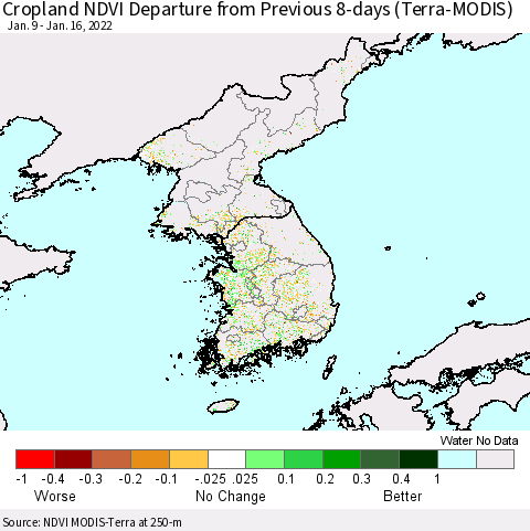 Korea Cropland NDVI Departure from Previous 8-days (Terra-MODIS) Thematic Map For 1/9/2022 - 1/16/2022