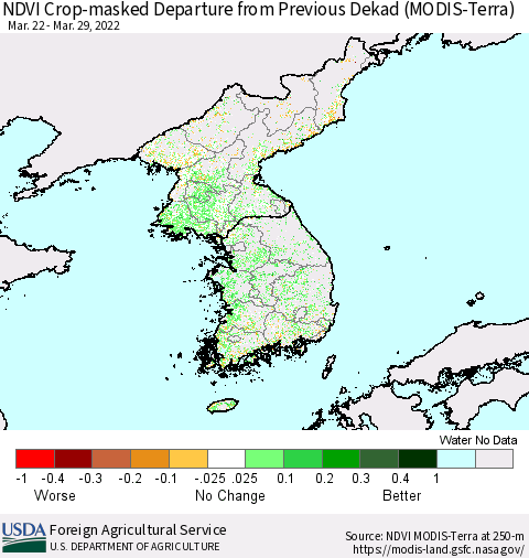 Korea Cropland NDVI Departure from Previous Dekad (Terra-MODIS) Thematic Map For 3/21/2022 - 3/31/2022