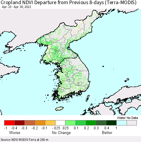 Korea Cropland NDVI Departure from Previous Dekad (Terra-MODIS) Thematic Map For 4/21/2022 - 4/30/2022