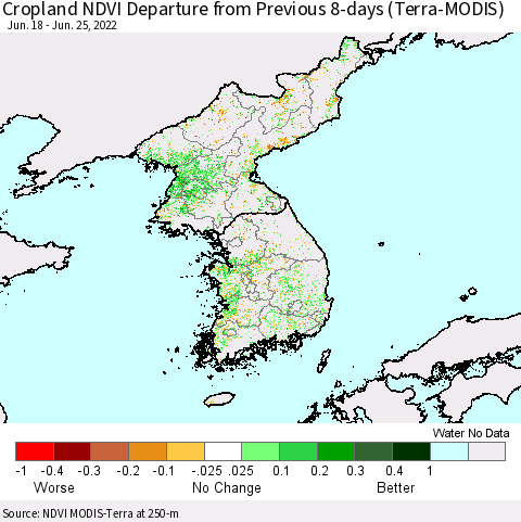 Korea Cropland NDVI Departure from Previous 8-days (Terra-MODIS) Thematic Map For 6/18/2022 - 6/25/2022
