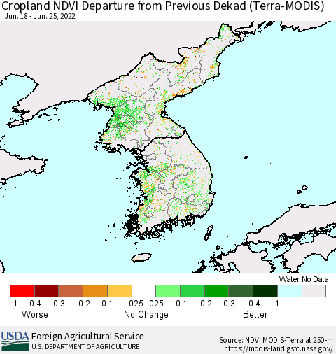 Korea Cropland NDVI Departure from Previous Dekad (Terra-MODIS) Thematic Map For 6/21/2022 - 6/30/2022