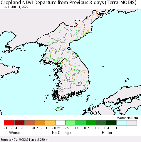 Korea Cropland NDVI Departure from Previous 8-days (Terra-MODIS) Thematic Map For 7/4/2022 - 7/11/2022