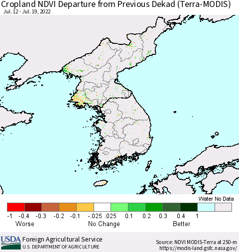 Korea Cropland NDVI Departure from Previous Dekad (Terra-MODIS) Thematic Map For 7/11/2022 - 7/20/2022
