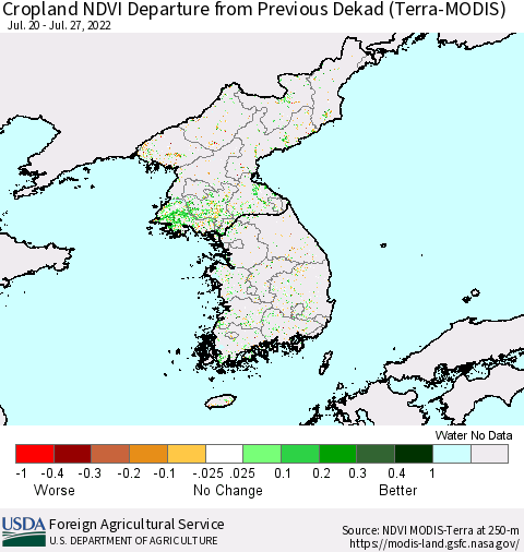 Korea Cropland NDVI Departure from Previous Dekad (Terra-MODIS) Thematic Map For 7/21/2022 - 7/31/2022