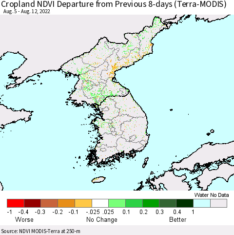 Korea Cropland NDVI Departure from Previous 8-days (Terra-MODIS) Thematic Map For 8/5/2022 - 8/12/2022