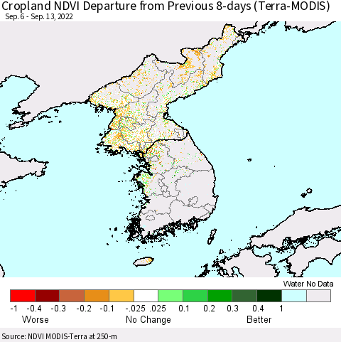 Korea Cropland NDVI Departure from Previous 8-days (Terra-MODIS) Thematic Map For 9/6/2022 - 9/13/2022