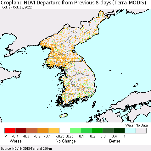 Korea Cropland NDVI Departure from Previous 8-days (Terra-MODIS) Thematic Map For 10/8/2022 - 10/15/2022