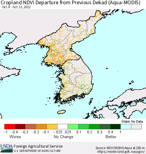 Korea Cropland NDVI Departure from Previous Dekad (Terra-MODIS) Thematic Map For 10/11/2022 - 10/20/2022