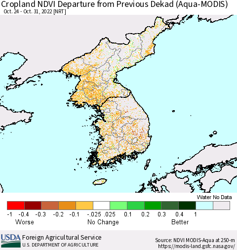 Korea Cropland NDVI Departure from Previous Dekad (Terra-MODIS) Thematic Map For 10/21/2022 - 10/31/2022