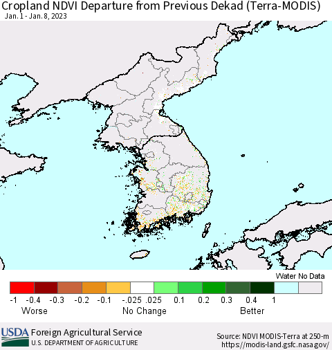 Korea Cropland NDVI Departure from Previous Dekad (Terra-MODIS) Thematic Map For 1/1/2023 - 1/10/2023