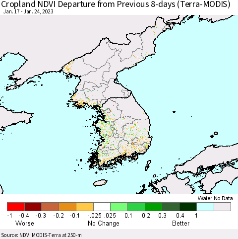 Korea Cropland NDVI Departure from Previous 8-days (Terra-MODIS) Thematic Map For 1/17/2023 - 1/24/2023