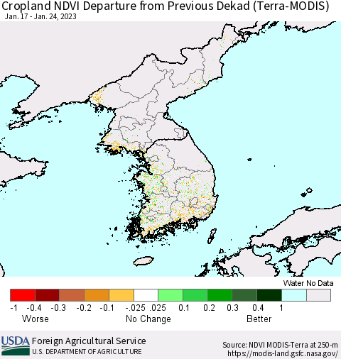 Korea Cropland NDVI Departure from Previous Dekad (Terra-MODIS) Thematic Map For 1/21/2023 - 1/31/2023