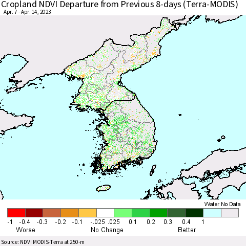 Korea Cropland NDVI Departure from Previous 8-days (Terra-MODIS) Thematic Map For 4/7/2023 - 4/14/2023