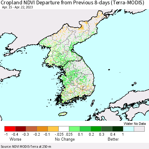 Korea Cropland NDVI Departure from Previous 8-days (Terra-MODIS) Thematic Map For 4/15/2023 - 4/22/2023