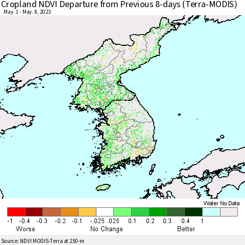 Korea Cropland NDVI Departure from Previous 8-days (Terra-MODIS) Thematic Map For 5/1/2023 - 5/8/2023