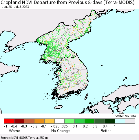 Korea Cropland NDVI Departure from Previous 8-days (Terra-MODIS) Thematic Map For 6/26/2023 - 7/3/2023
